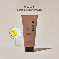 Acure Brightening Body Scrub sea salt pour illustrating gentle exfoliation for refreshed skin.