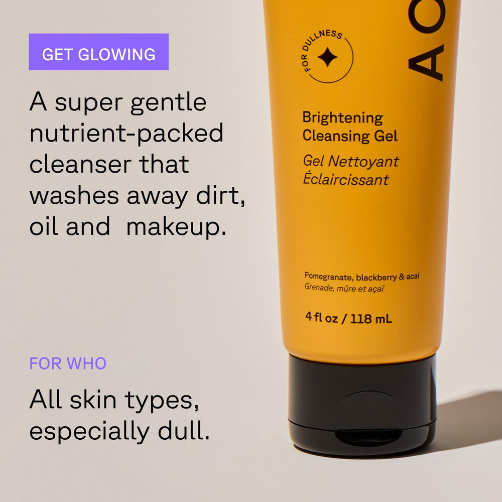 Acure Brightening Cleansing Gel close-up reveals a mild exfoliating texture for brighter tone.