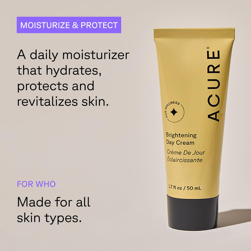 Acure Brightening Day Cream label close-up showing vegan and cruelty-free formulation