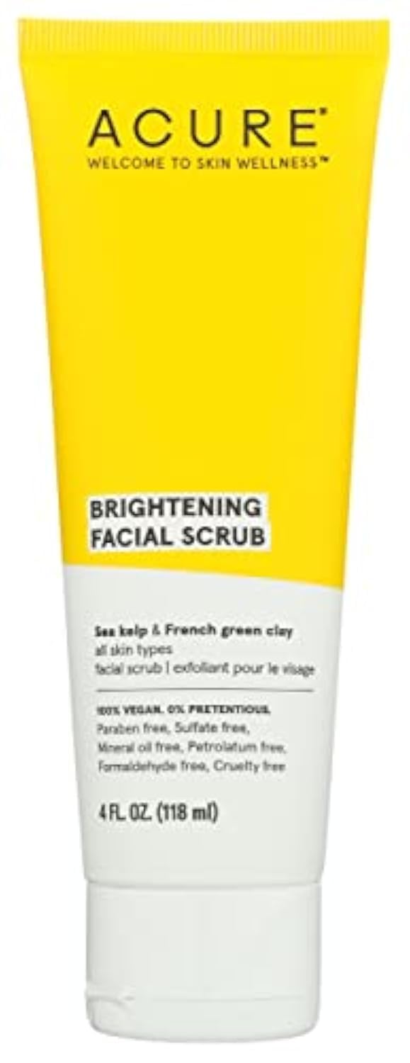 Acure Brightening Facial Scrub jar showing gentle exfoliation for smoother, brighter-looking skin
