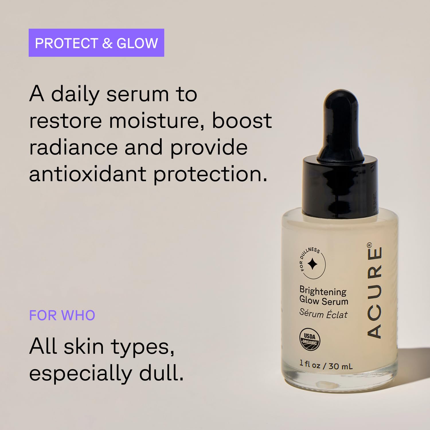 Acure Brightening Glow Serum argan oil blend close-up highlighting nourishing hydration.
