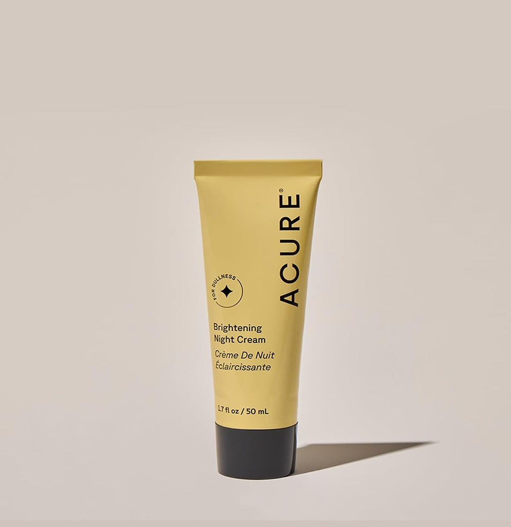 Acure Brightening Night Cream application scene shows easy nightly ritual for refreshed skin