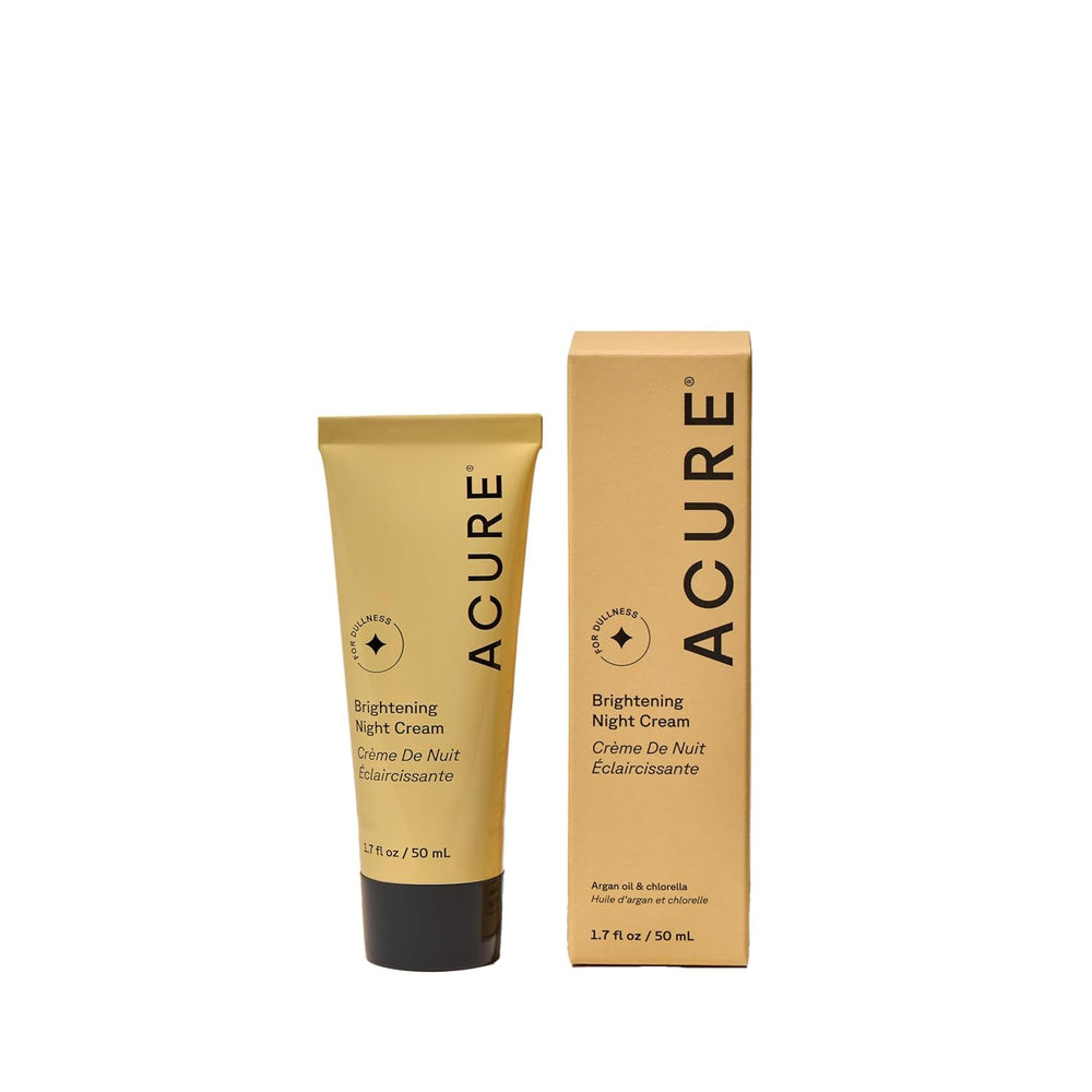 Acure Brightening Night Cream packaging closeup shows vegan formula for overnight hydration
