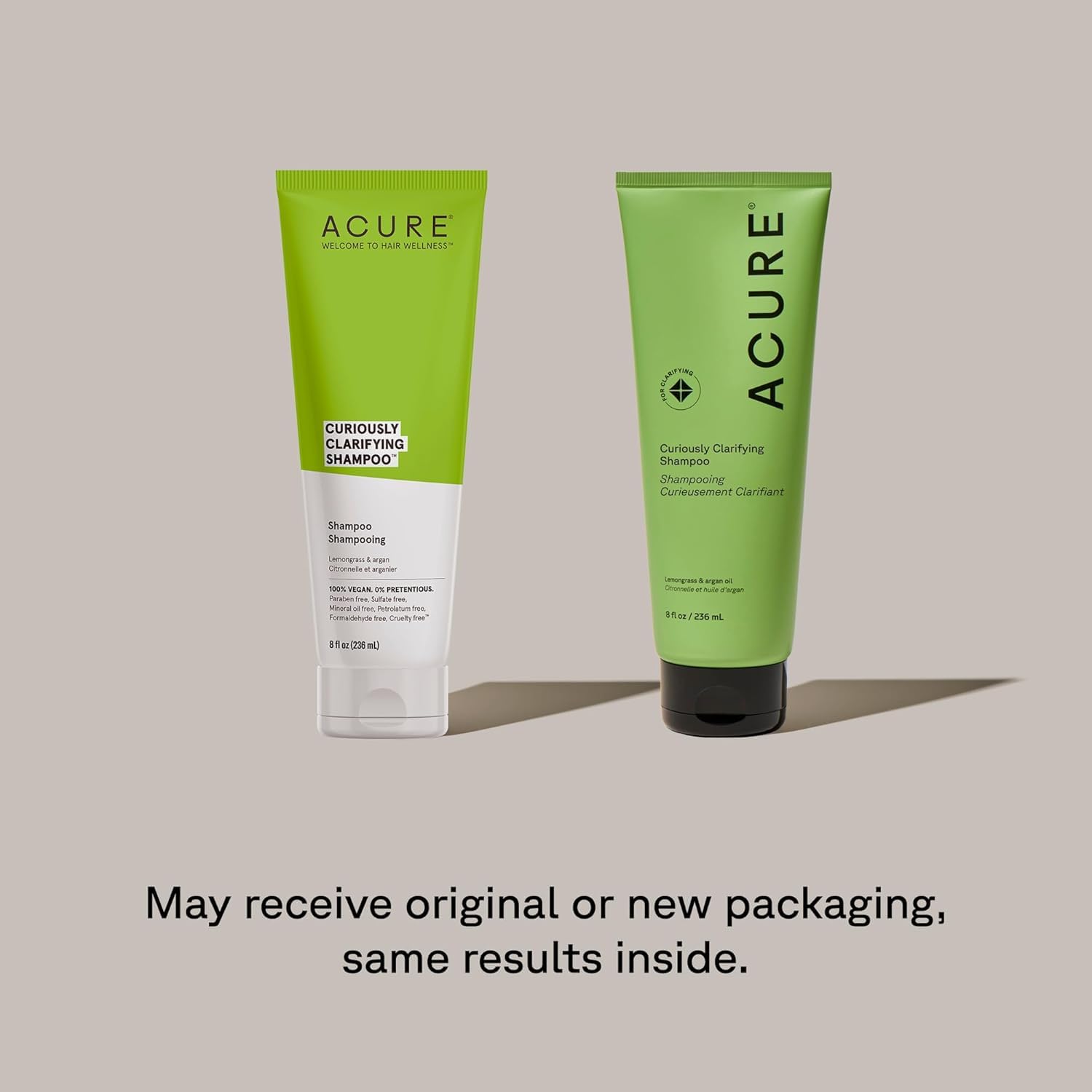Acure Curiously Clarifying Conditioner bottle promoting hydration and detangled, manageable hair.