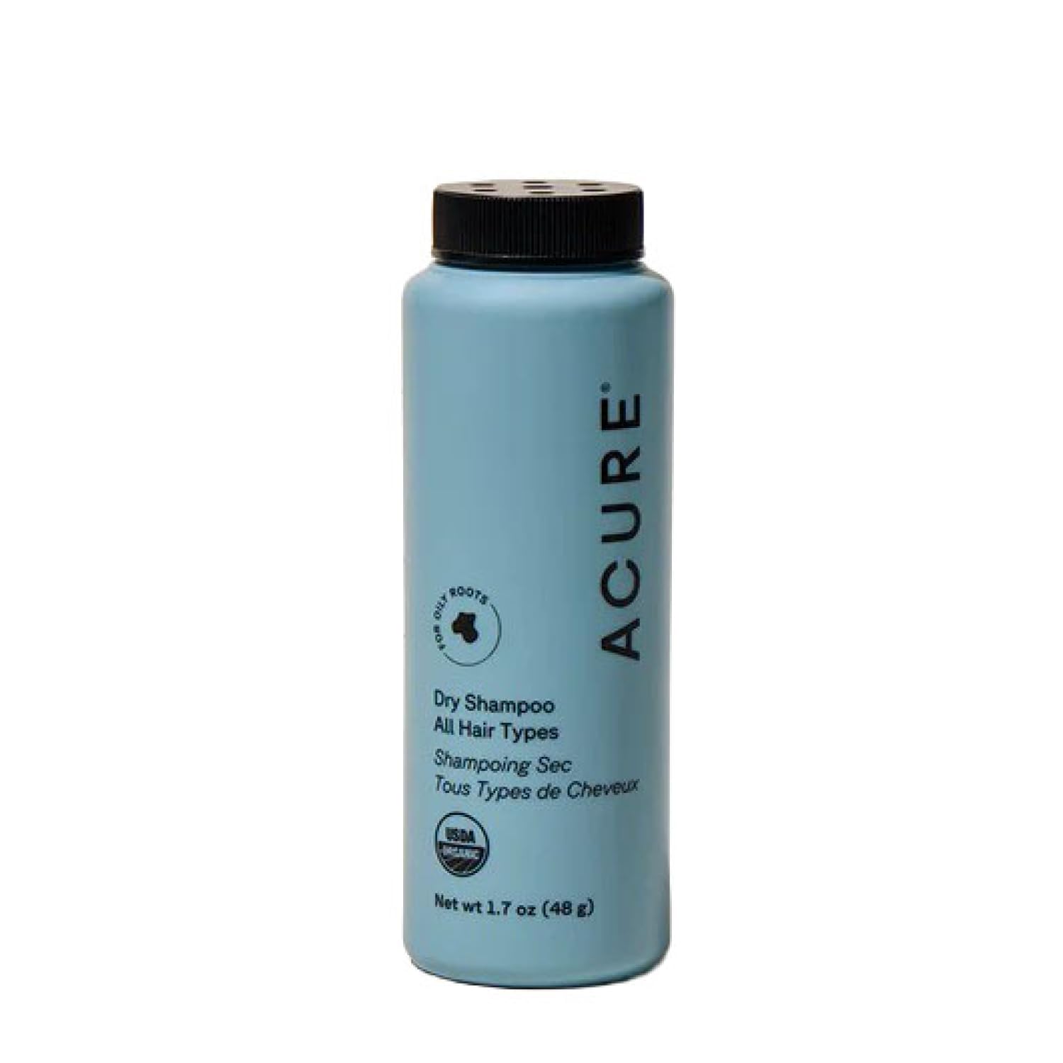 Acure Dry Shampoo mini bottle pour for on-the-go refresh.