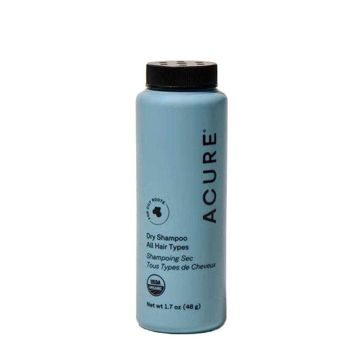 Acure Dry Shampoo mini bottle pour for on-the-go refresh.