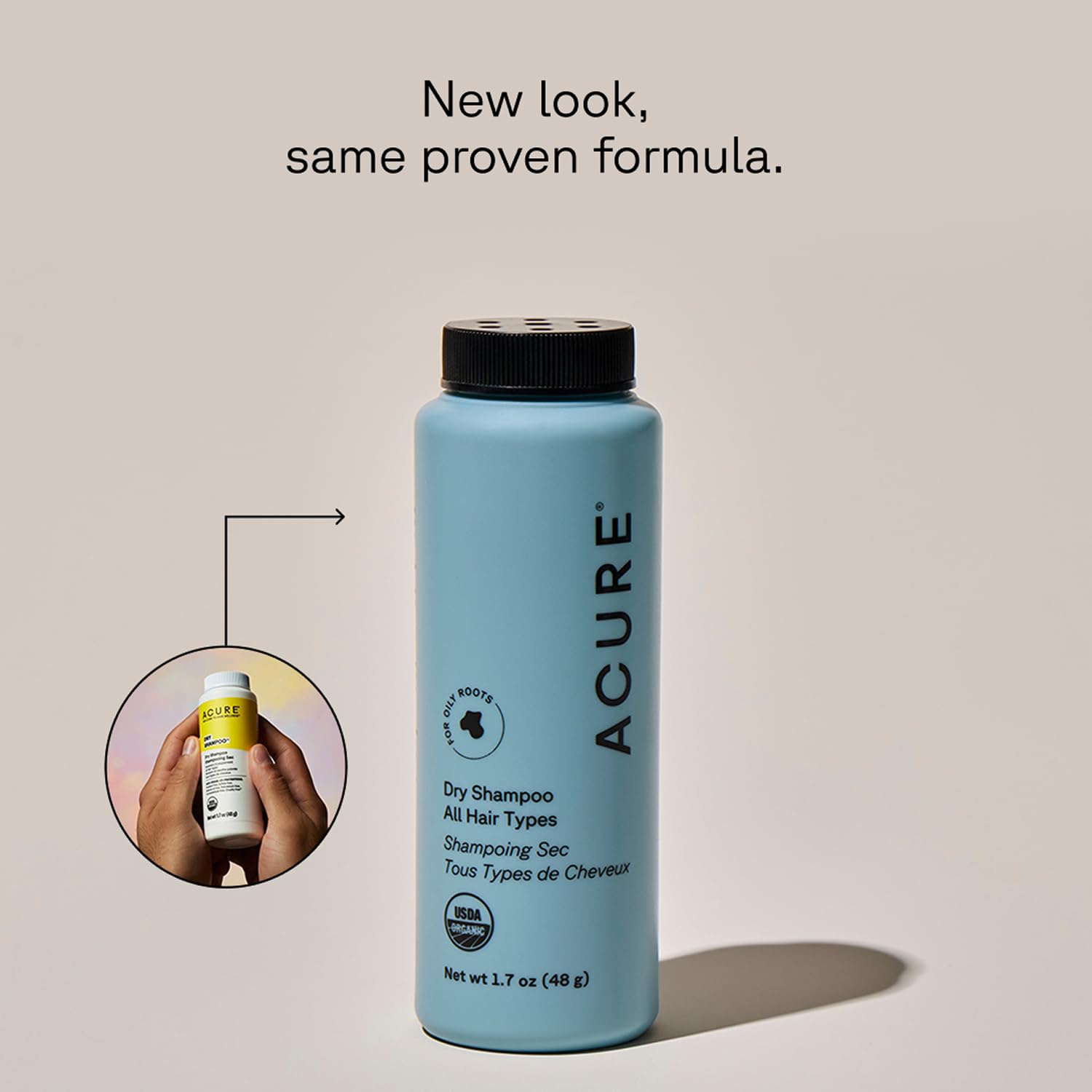 Acure Dry Shampoo texture and volume close-up showing lift.