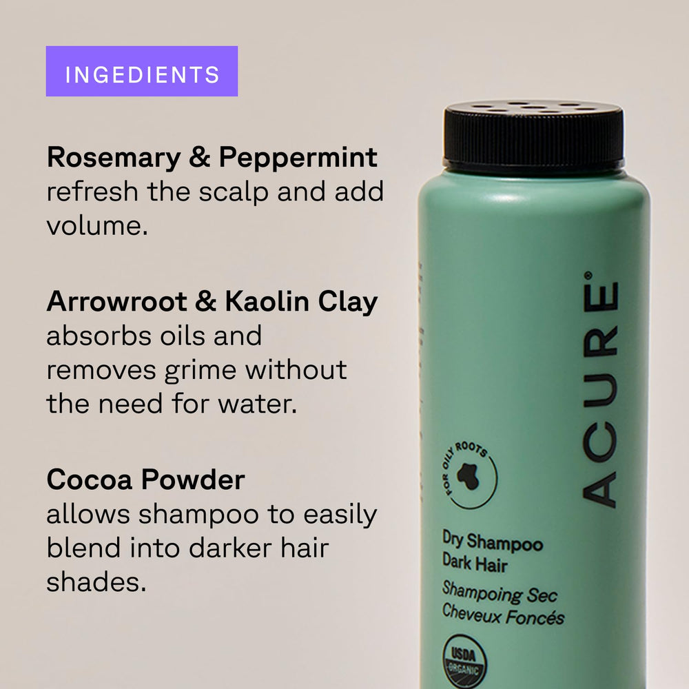 Acure Dry Shampoo travel-size packaging emphasizes compact kit for on-the-go styling.