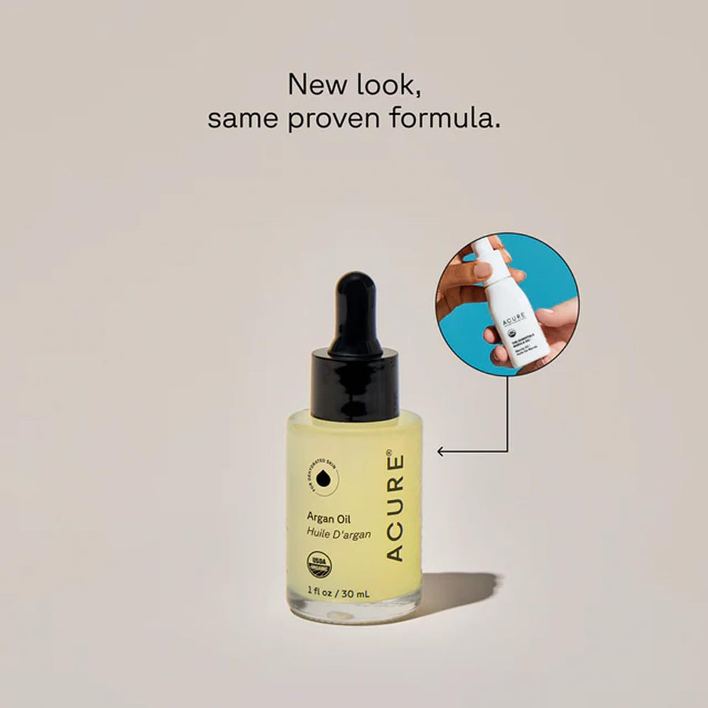 Acure The Essentials Argan Oil used as hair treatment for shine and manageability.