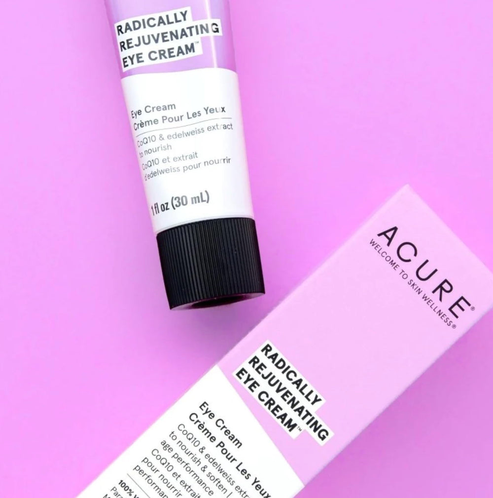 Acure Radically Rejuvenating Eye Cream application dots showing targeted soothing action
