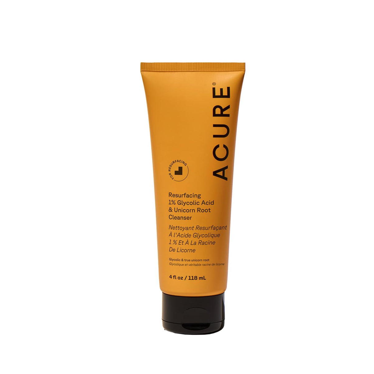 Acure Resurfacing Glycolic Acid Cleanser bottle highlighting gentle exfoliation for brighter skin