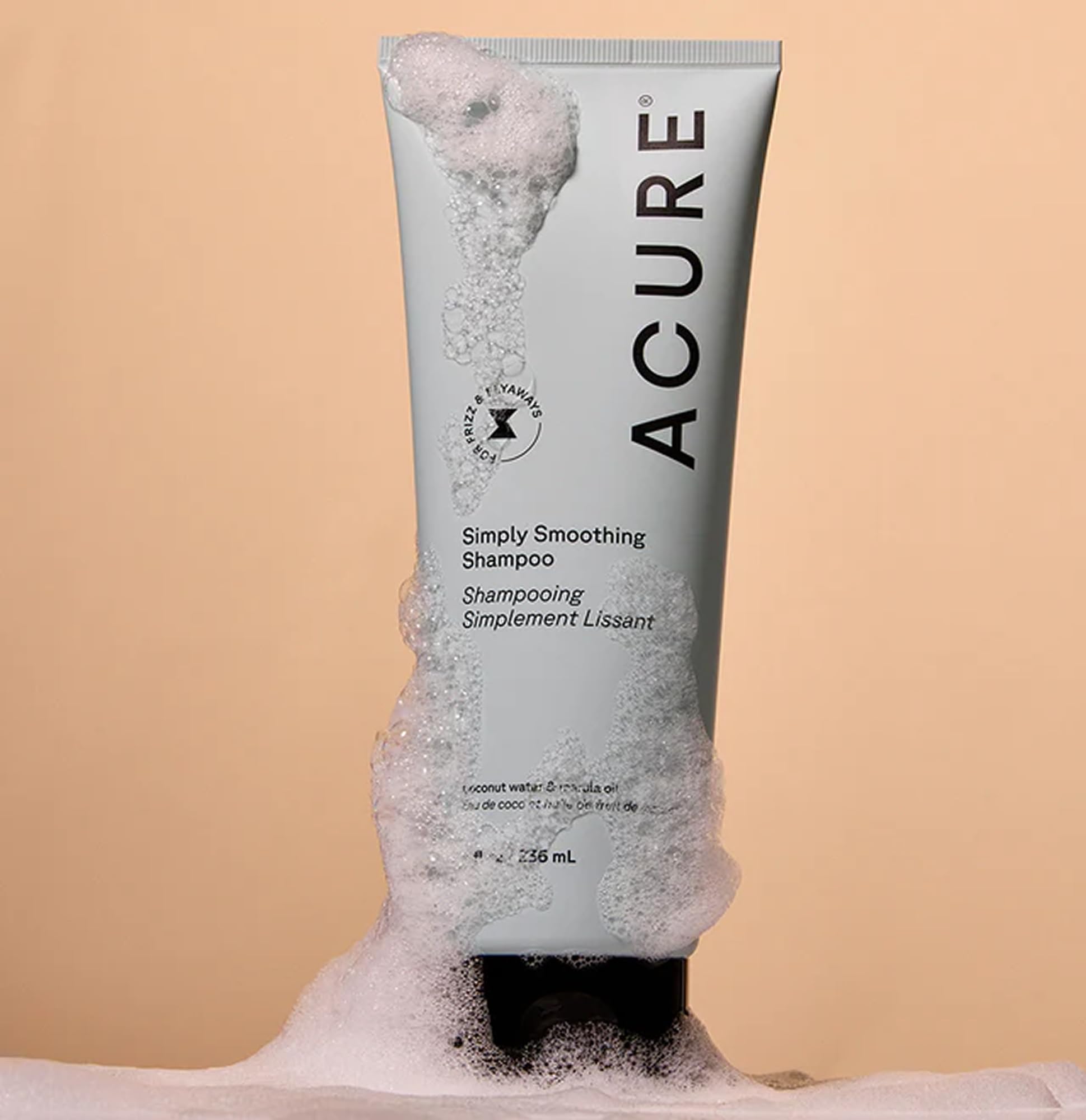 Acure Simply Smoothing Shampoo features marula oil and coconut water for hydration.