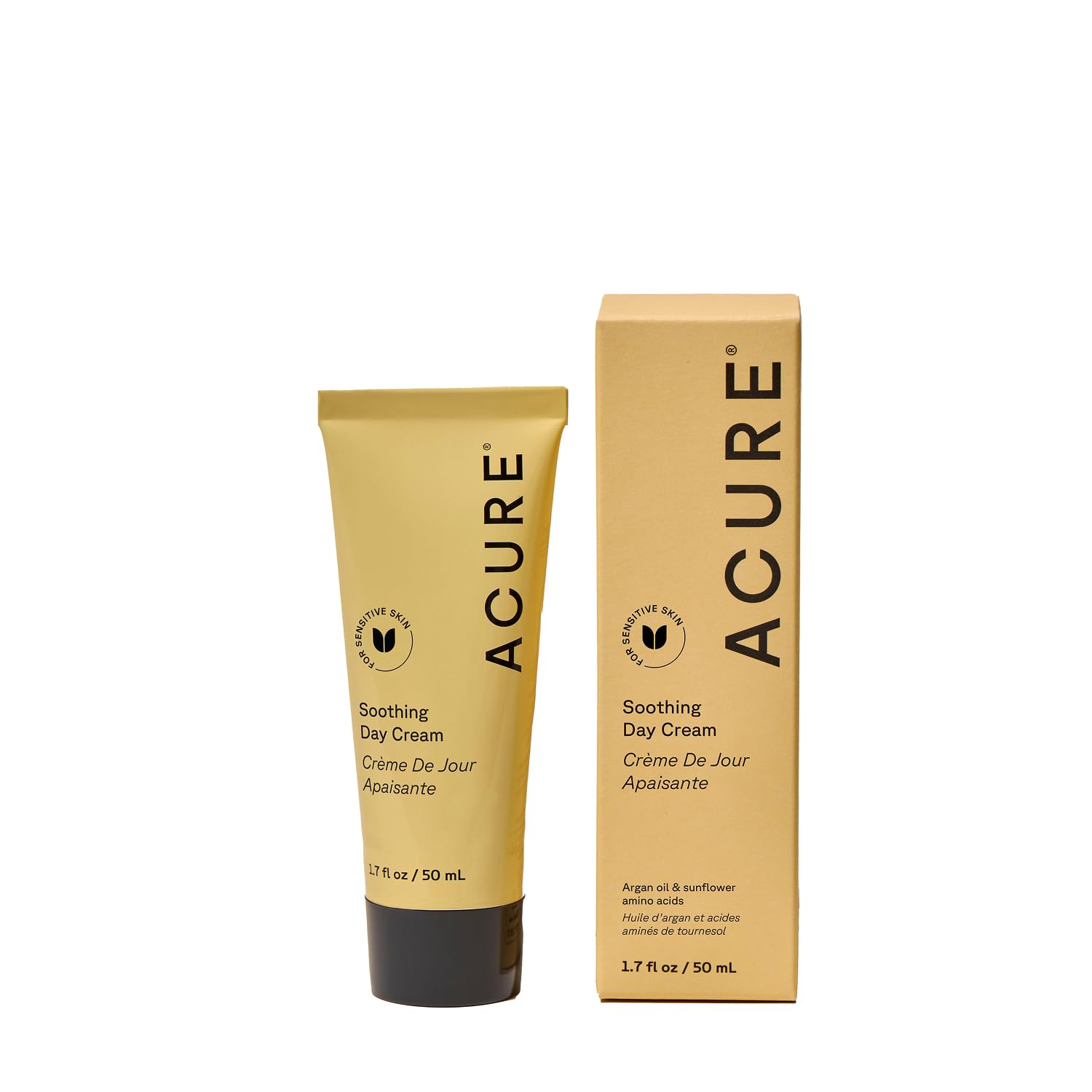 Acure Soothing Day Cream tube front shows lightweight hydration for dry skin.