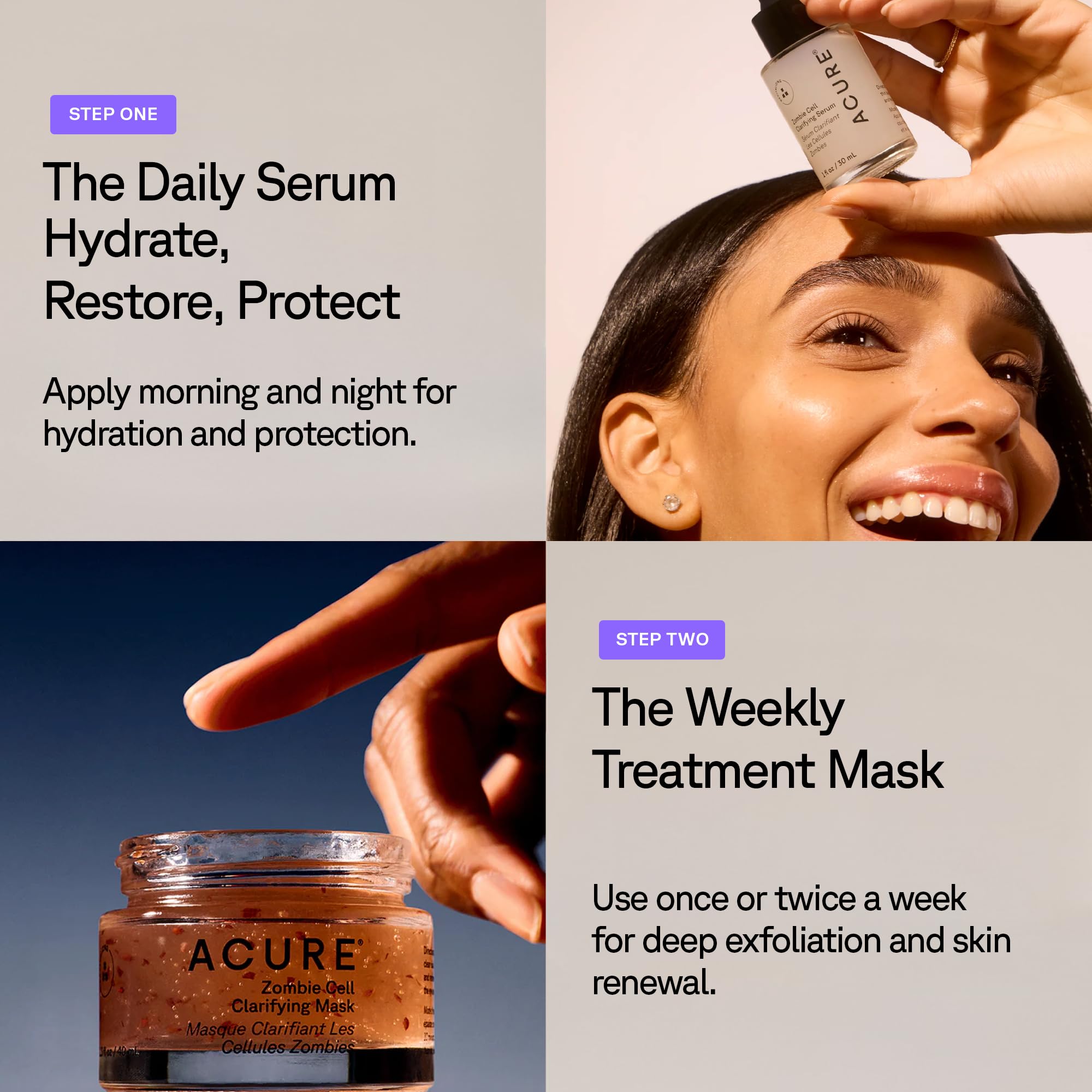 Acure Zombie Cell Serum night routine scene suggests easy morning and night skincare integration.