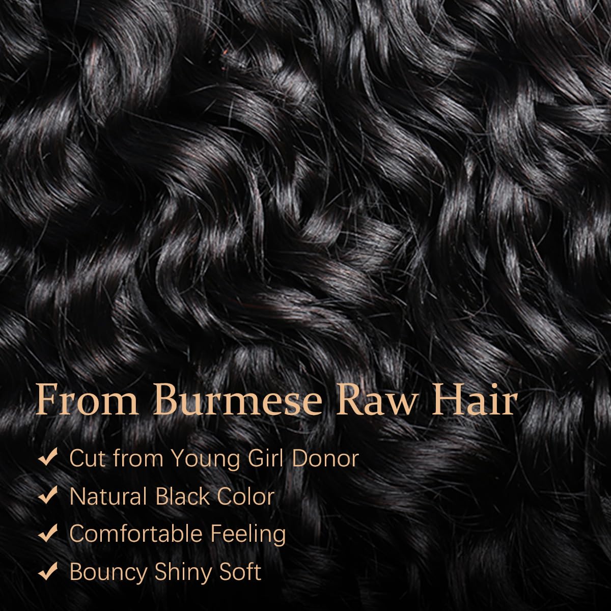 Acusoee Burmese curly bundles length-measure closeup demonstrates true-to-length sizing for accurate fittings.