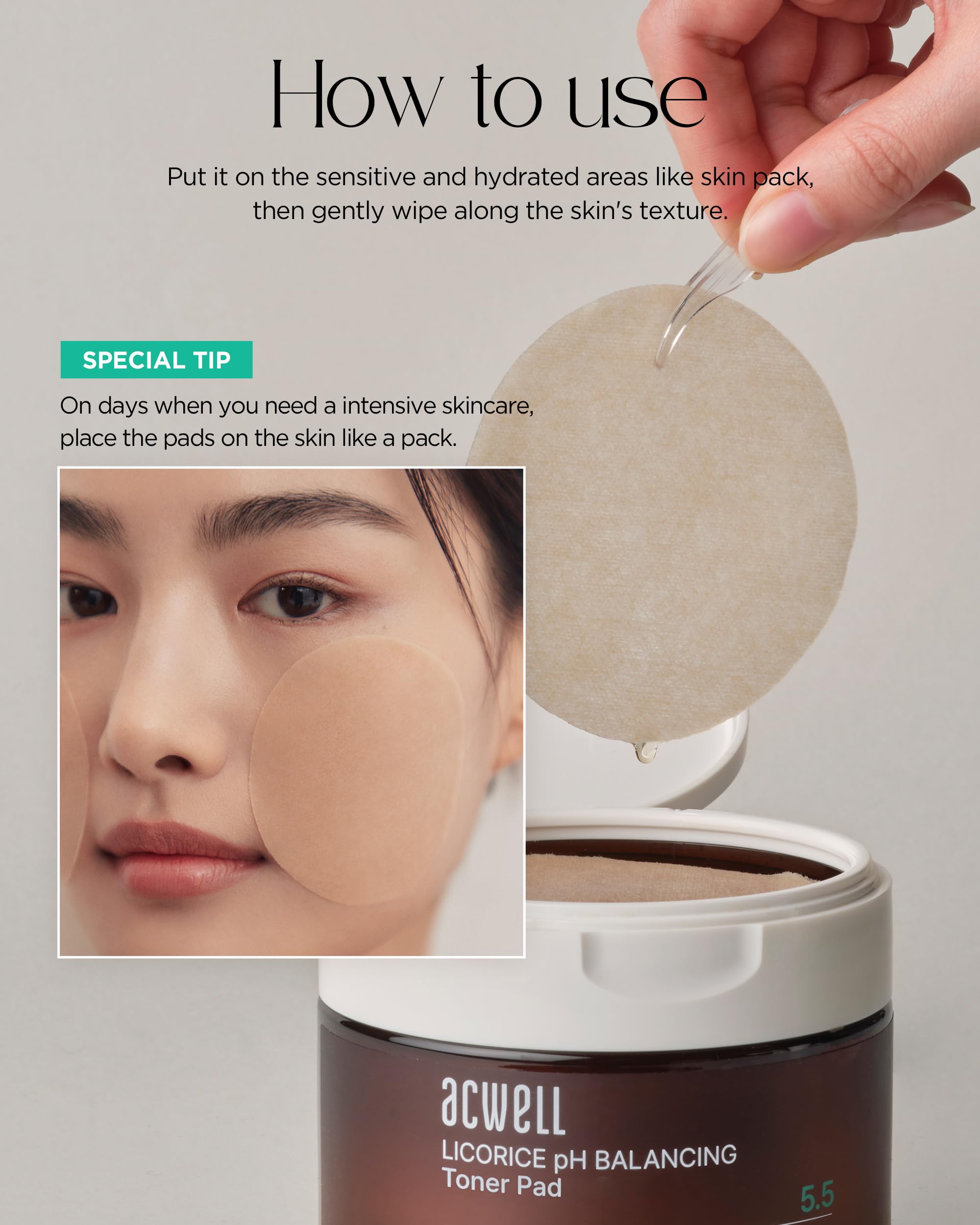 ACWELL Licorice Toner Pad skin-tone visual suggests even complexion goals.