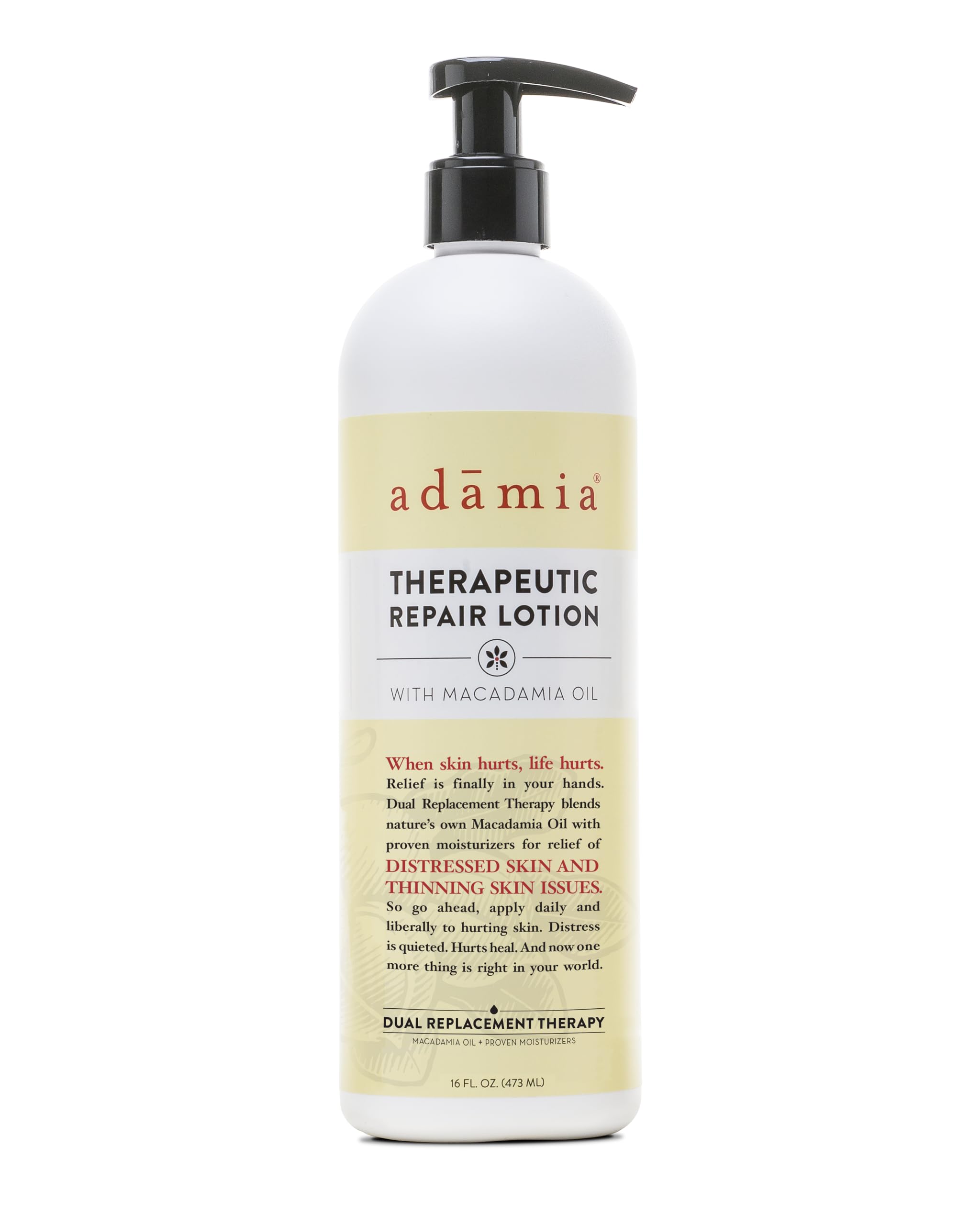 Adamia Therapeutic Repair Lotion bottle shows macadamia oil blend for fast absorption and hydration.
