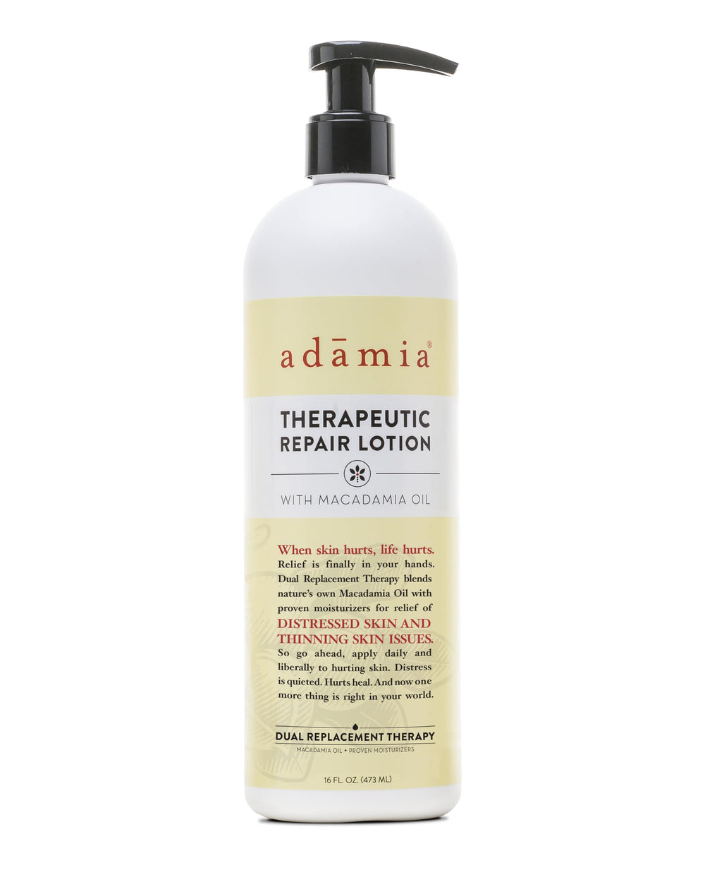 Adamia Therapeutic Repair Lotion bottle shows macadamia oil blend for fast absorption and hydration.