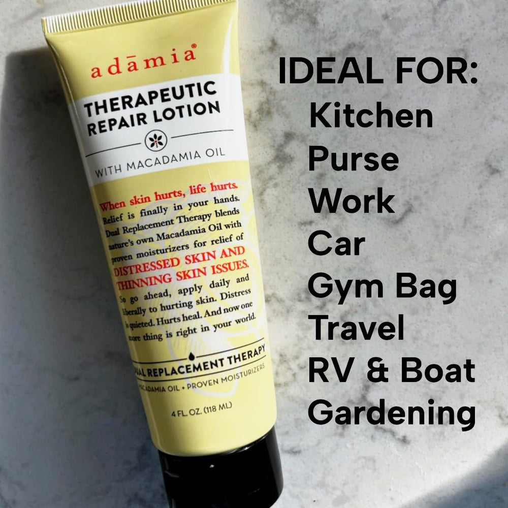 Adamia Therapeutic Repair Lotion with macadamia oil highlights omega-7 nourishment.