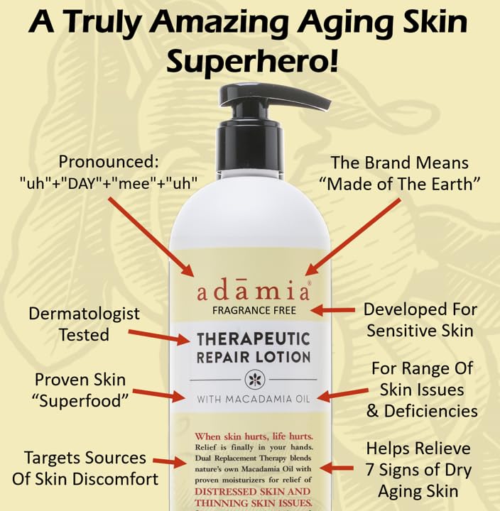 Adamia Therapeutic Repair Lotion texture close-up demonstrates non-greasy absorption.