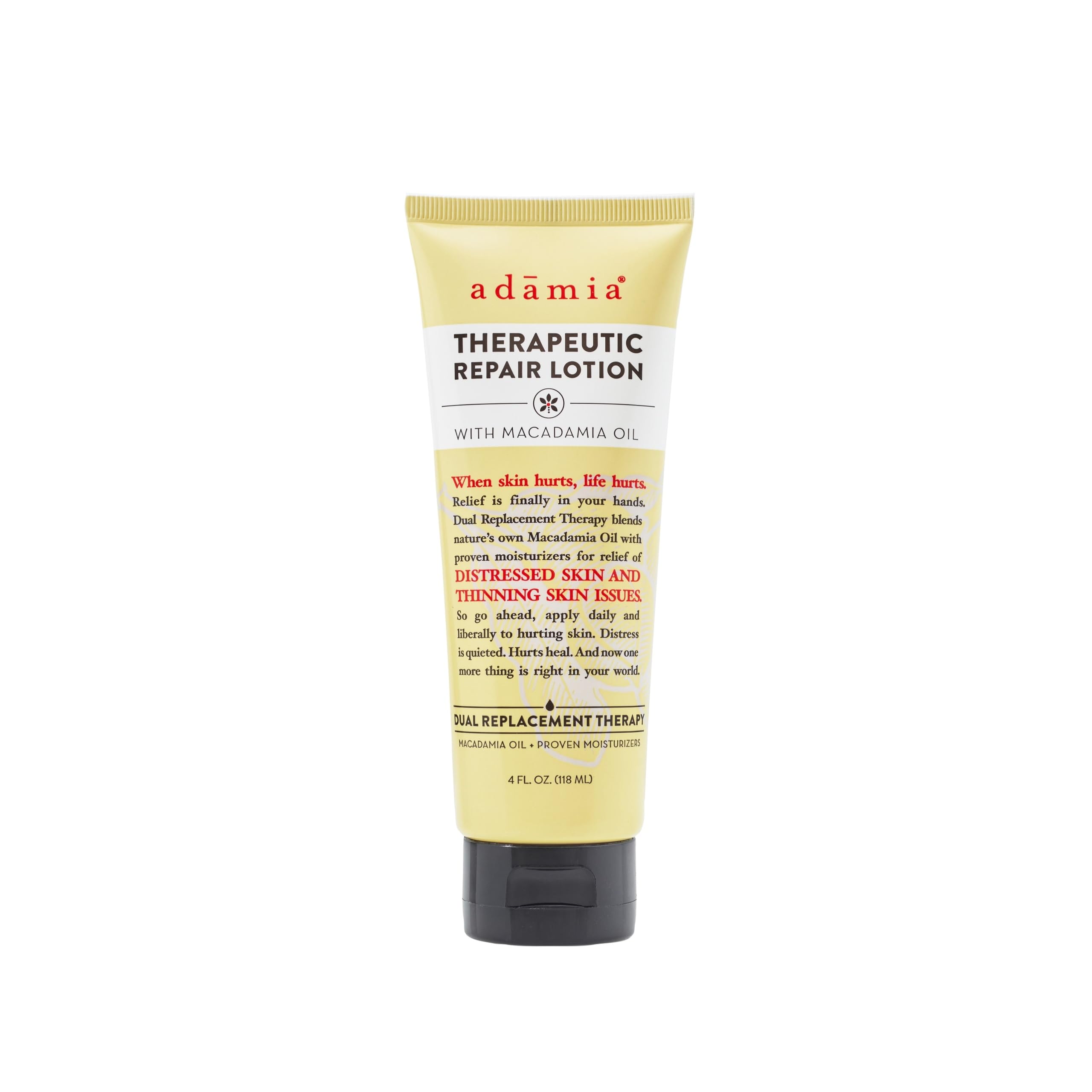 Adamia Therapeutic Repair Lotion tube front highlights fragrance-free, non-greasy hydration for dry skin.