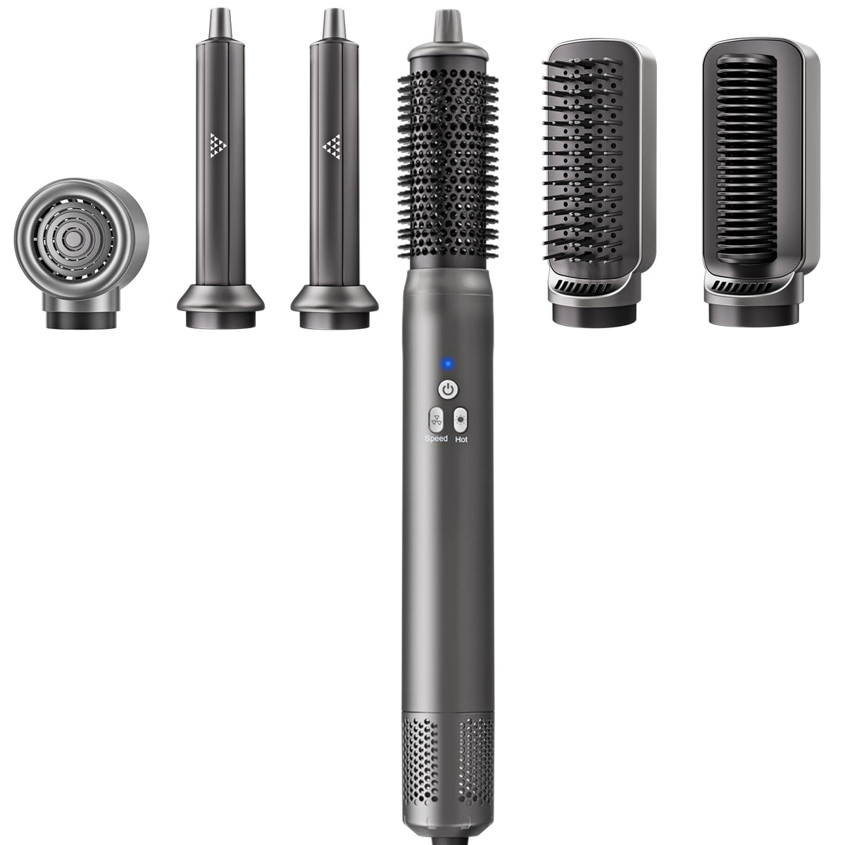 AdamPark 6-in-1 air styling system shows dryer attachment for fast drying and smooth results.