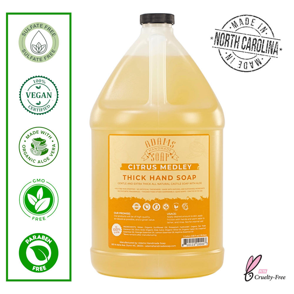 Adams Handmade Soap Citrus Medley label closeup highlighting eco-friendly vegan formula.