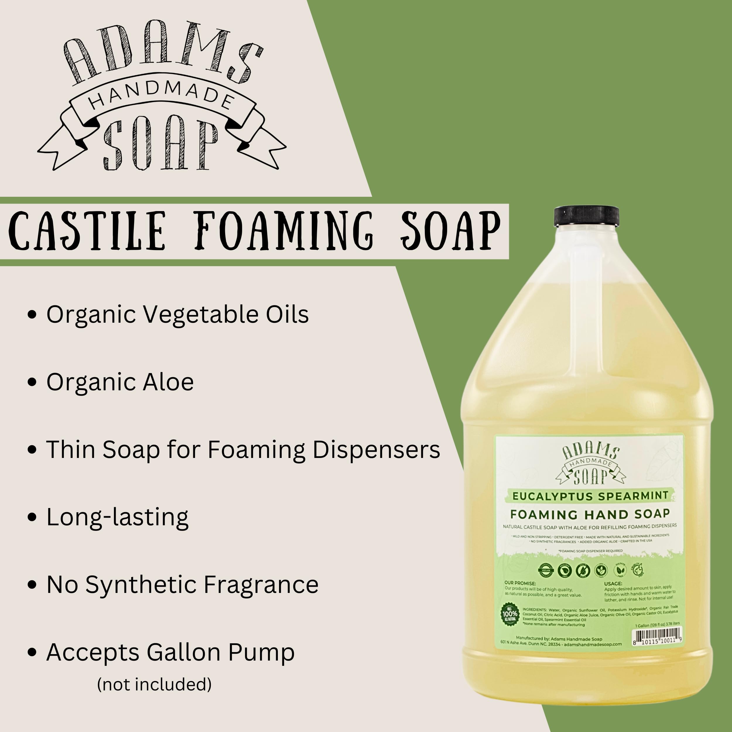 Adams Handmade Soap eco-friendly ingredients label highlights biodegradable, vegan, cruelty-free benefits.