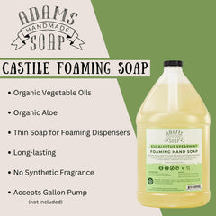 Adams Handmade Soap eco-friendly ingredients label highlights biodegradable, vegan, cruelty-free benefits.