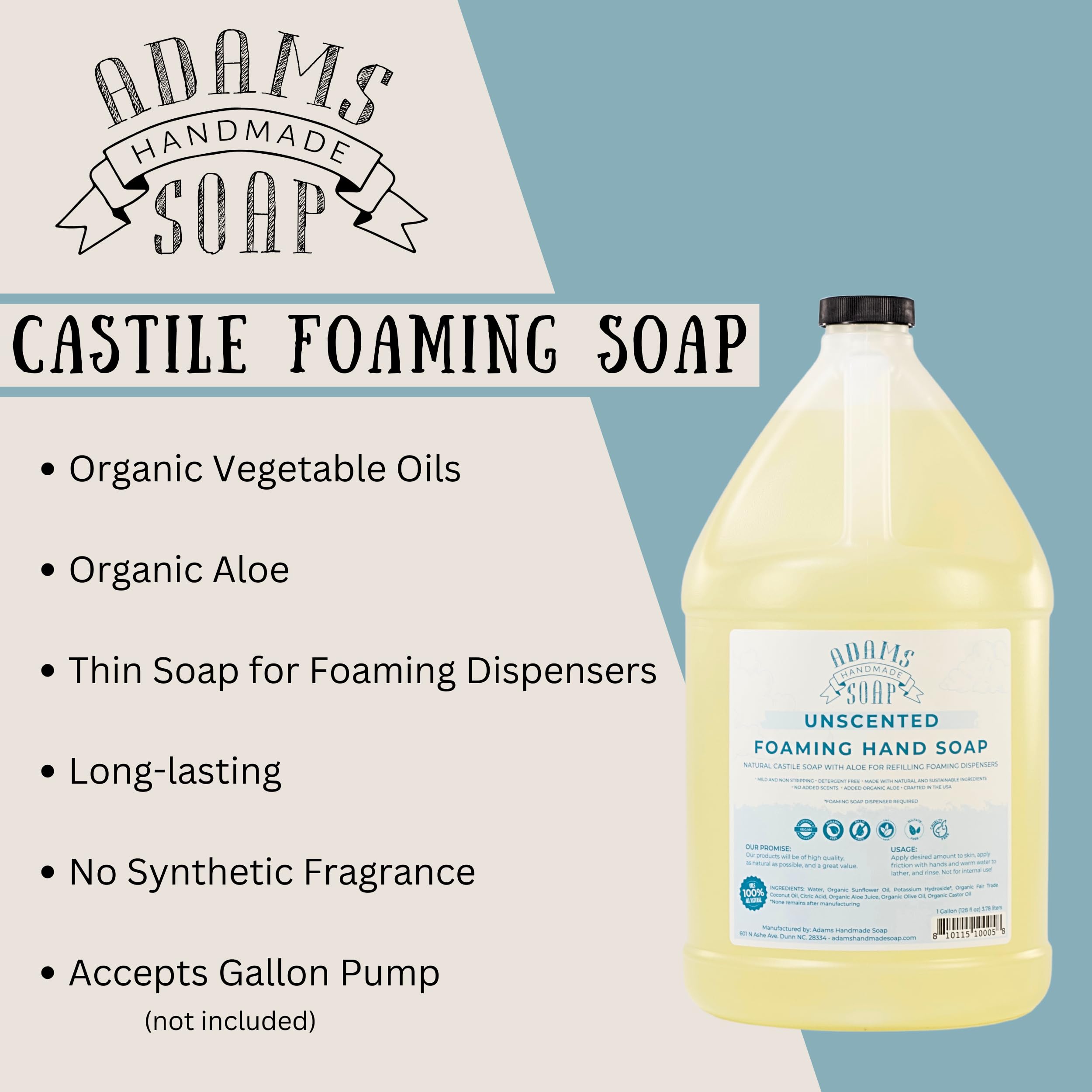 Adams Handmade Soap foaming hand wash in a dispenser demonstrates easy lather and quick refills