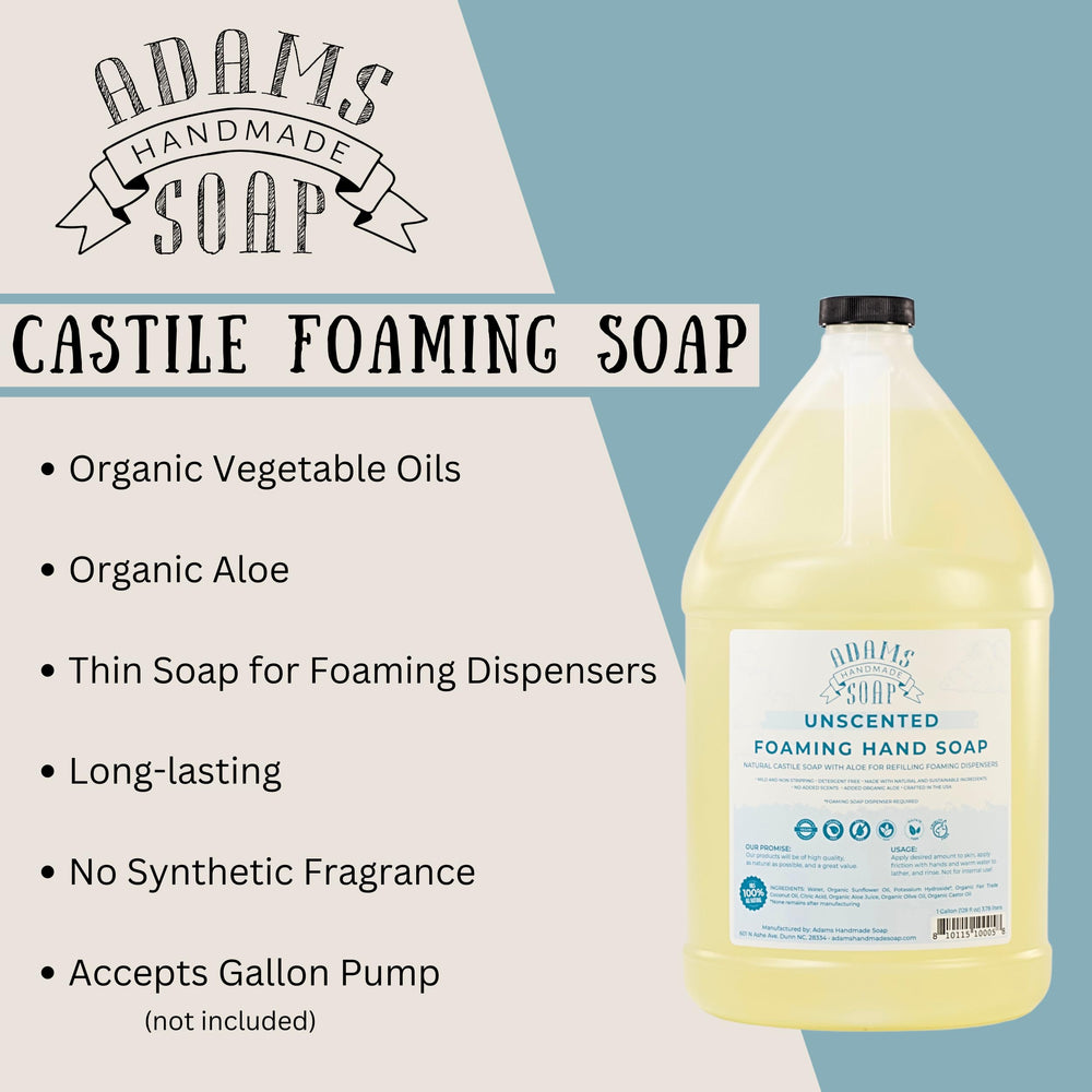Adams Handmade Soap foaming hand wash in a dispenser demonstrates easy lather and quick refills