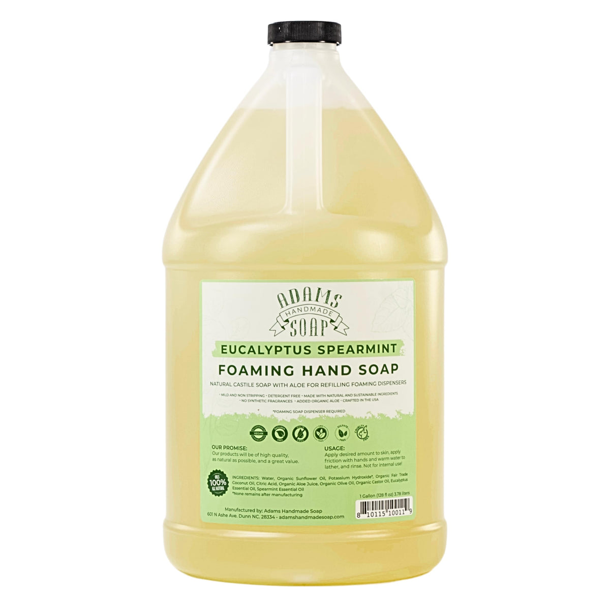 Adams Handmade Soap liquid foaming bottle with eucalyptus spearmint for clean, refreshing hands.