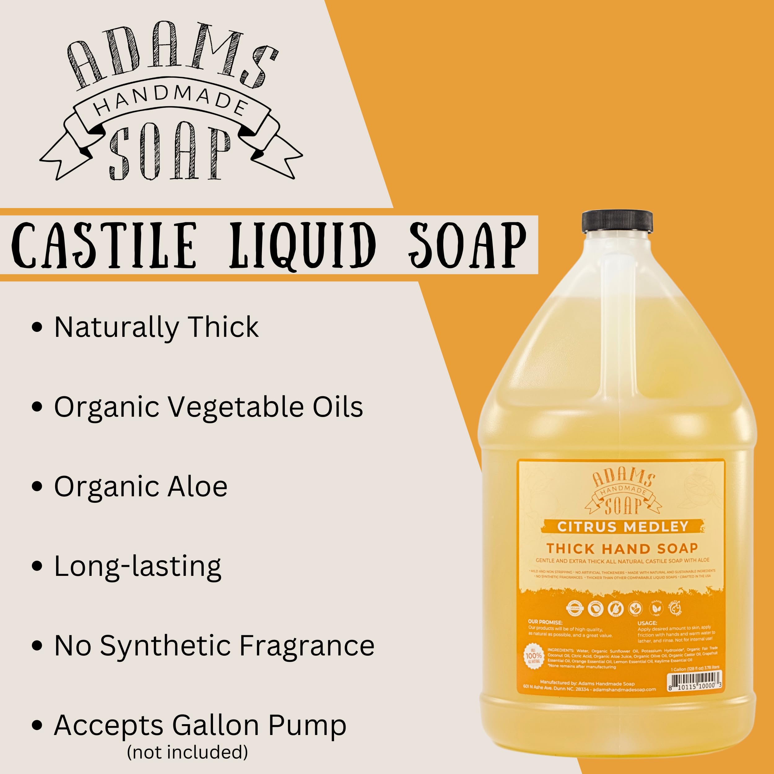 Adams Handmade Soap gallon refill packaging underscores US-made cruelty-free commitment.