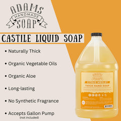 Adams Handmade Soap gallon refill packaging underscores US-made cruelty-free commitment.
