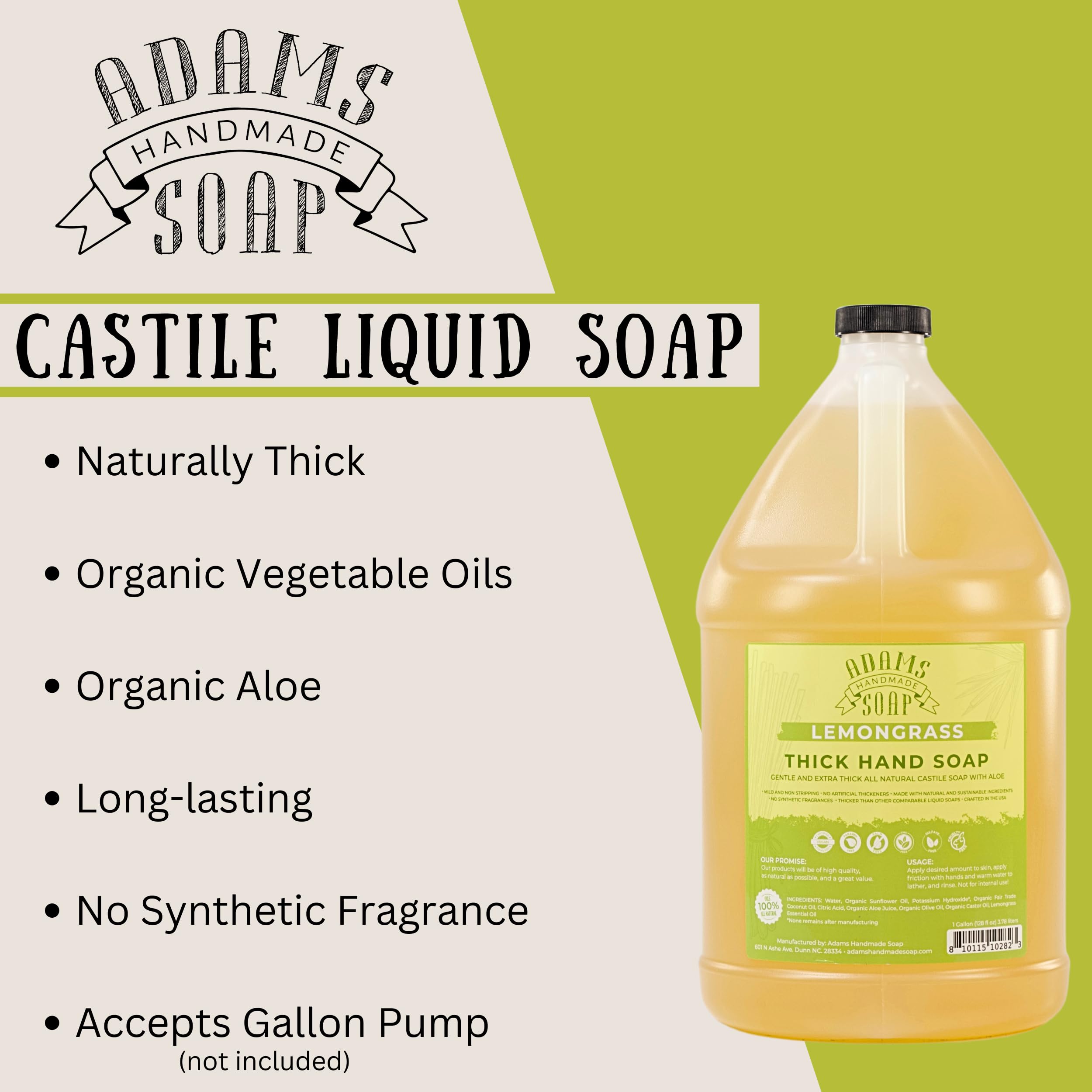 Adams Handmade Soap lemongrass ingredients label highlights organic oils and aloe for skin-friendly cleansing