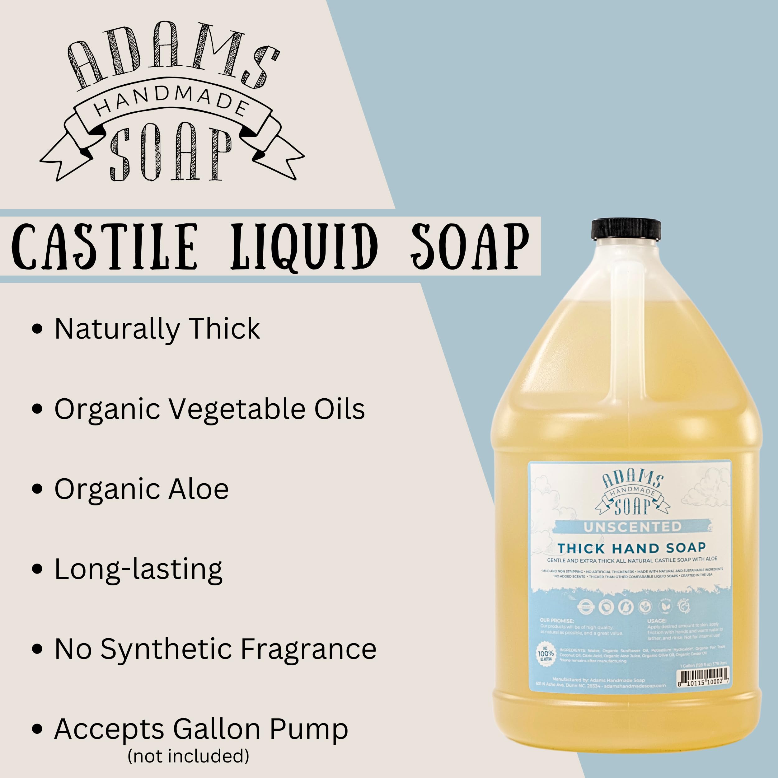 Adams Handmade Soap organic aloe castile 1gal bottle with pump demonstrates versatile dilution for foaming soap