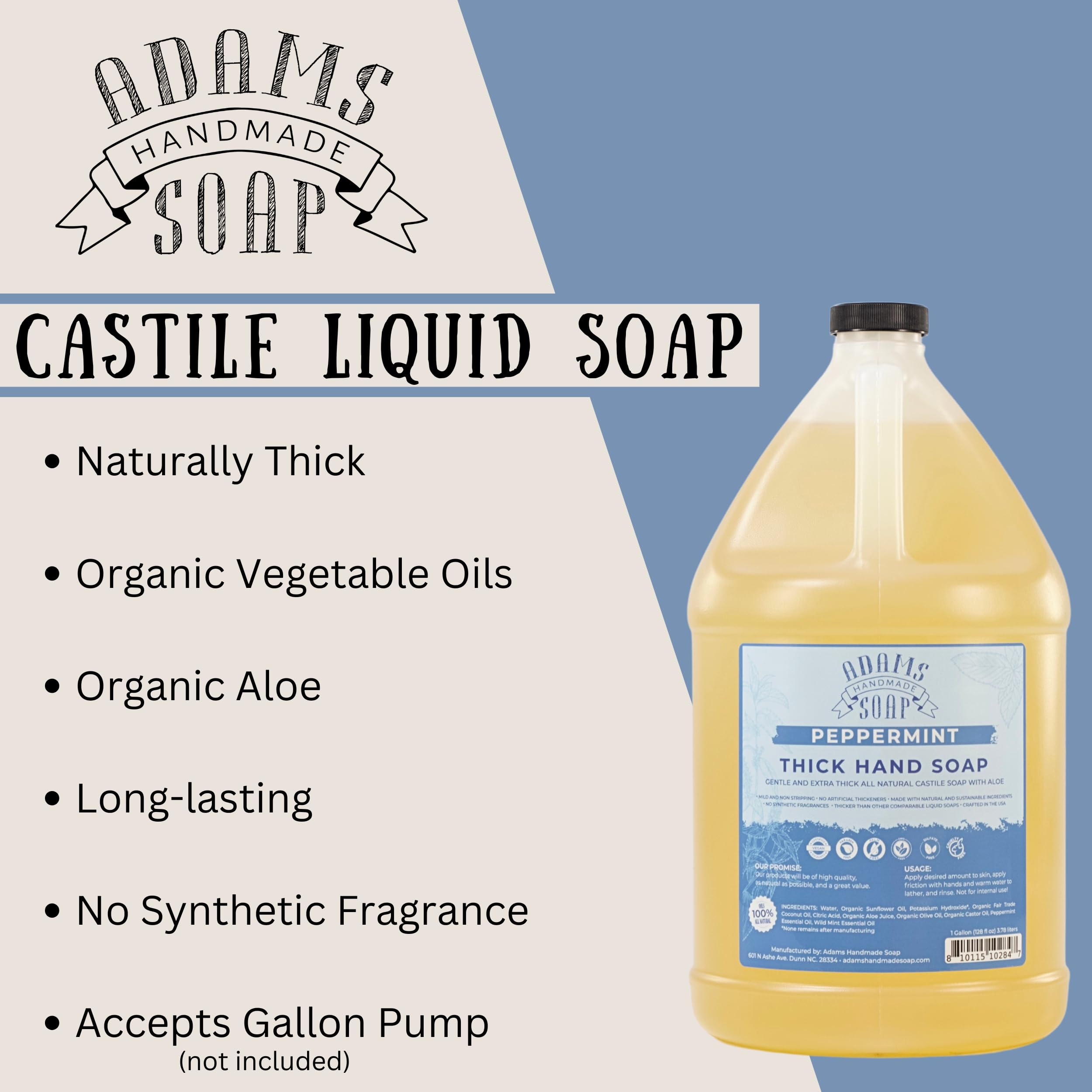 Adams Handmade Soap Peppermint Castile ingredients label highlights organic oils and aloe.