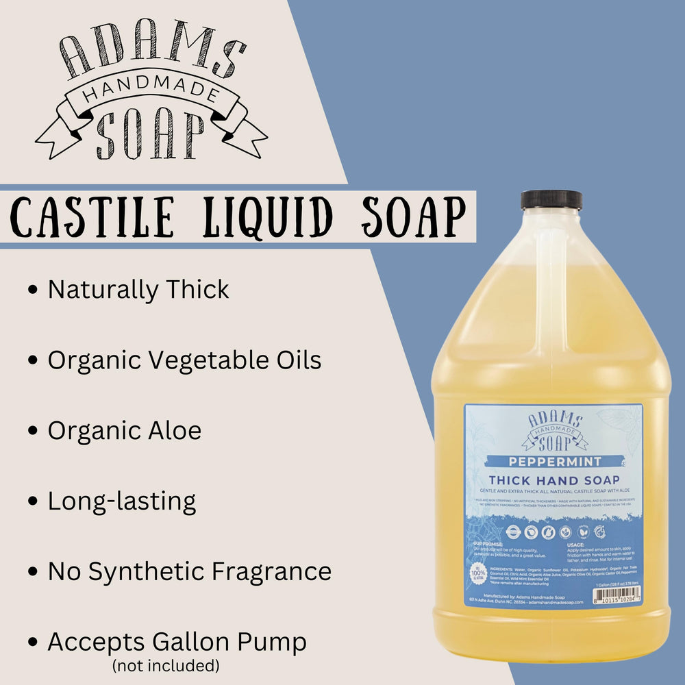 Adams Handmade Soap Peppermint Castile ingredients label highlights organic oils and aloe.