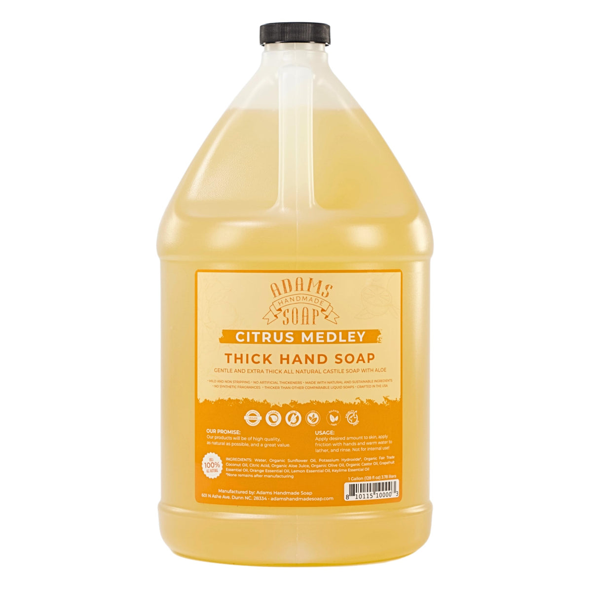 Adams Handmade Soap thick castile hand soap 1gal refill pour demonstrates mild, effective cleansing for daily use.