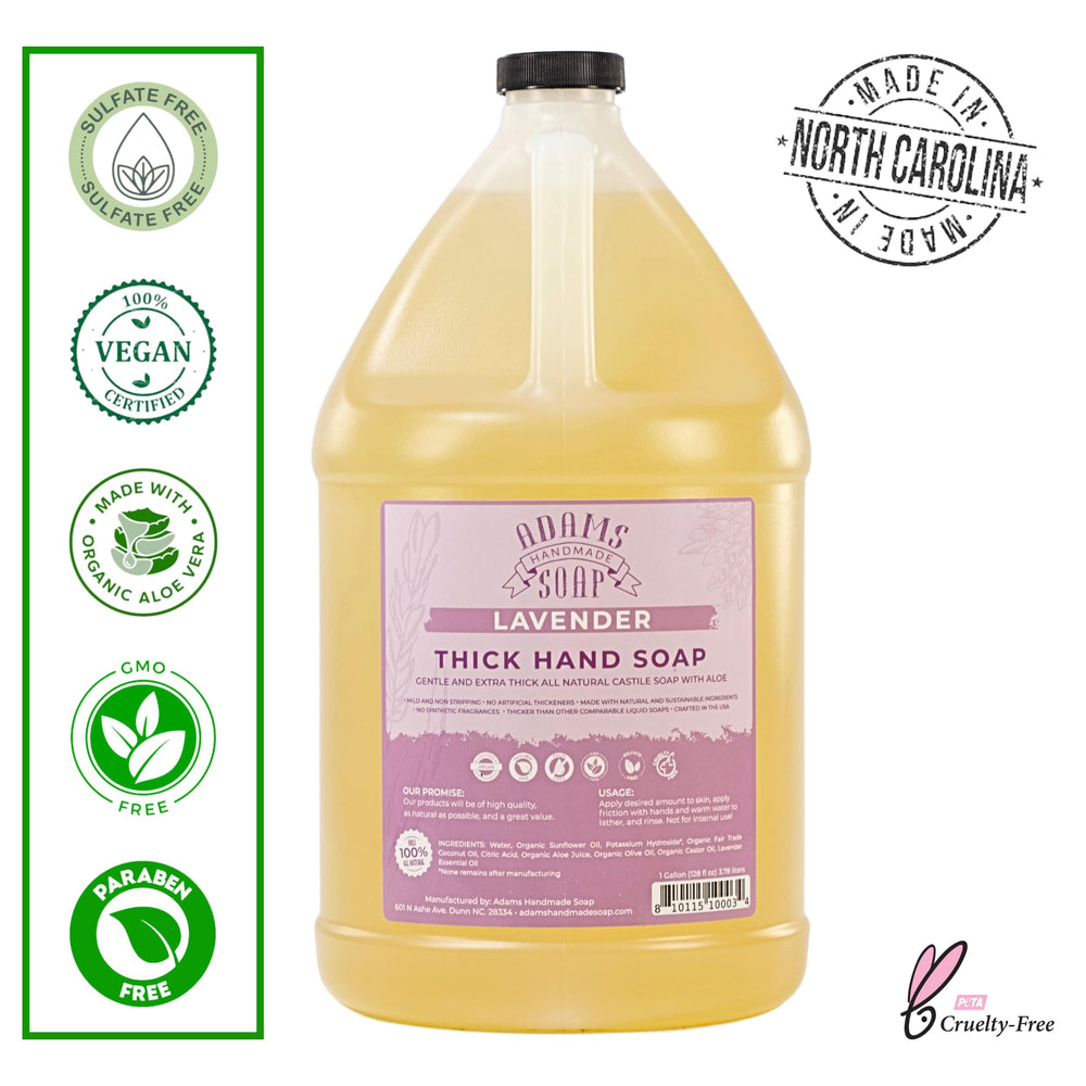Adams Handmade Soap lavender liquid in dispenser—concentrated formula for reusable foaming pumps.