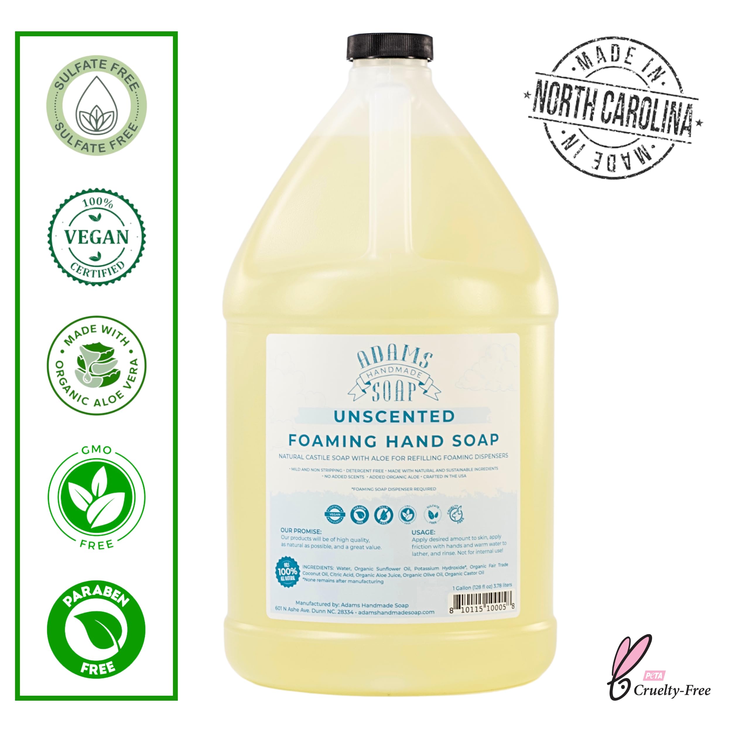 Adams Handmade Soap unscented castile soap closeup shows organic oils and aloe for gentle cleansing