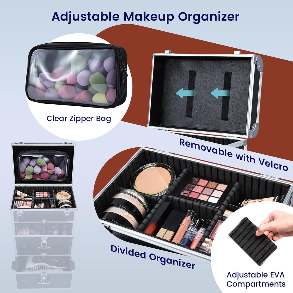 Adazzo professional rolling case drawers full of palettes and brushes for quick access.