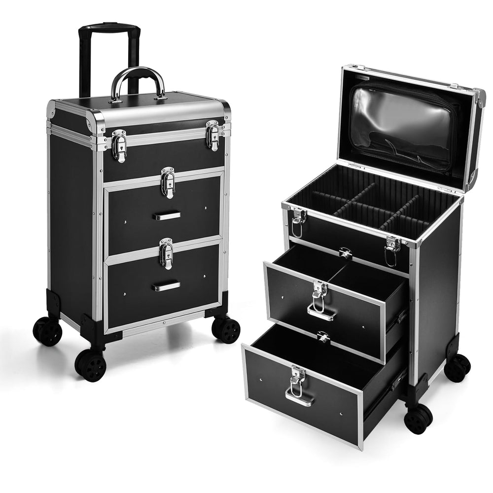 Adazzo professional rolling makeup train case with wheels for organized on-the-go storage.
