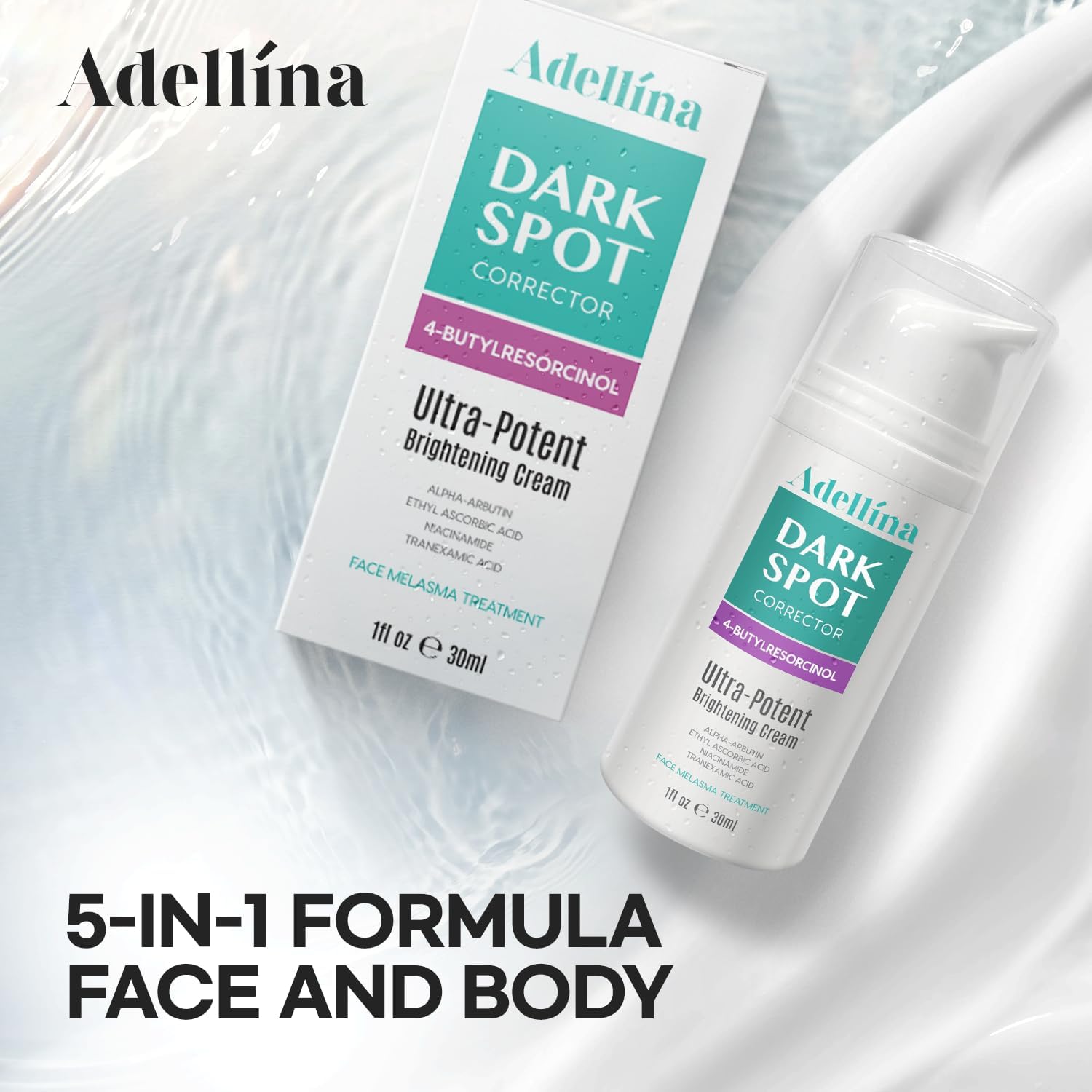 Adellina Dark Spot Remover ingredients graphic highlights Alpha Arbutin and Niacinamide
