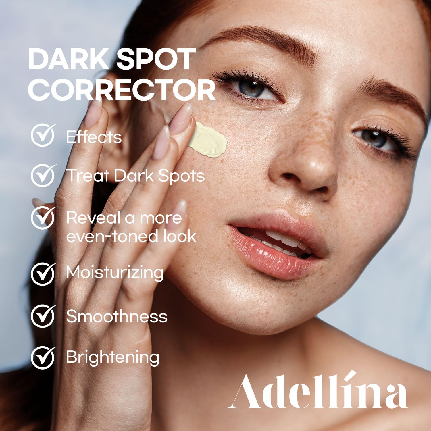 Adellina Dark Spot Remover serum on face demonstrates fast-absorbing formula for a smooth finish