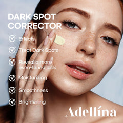 Adellina Dark Spot Remover serum on face demonstrates fast-absorbing formula for a smooth finish