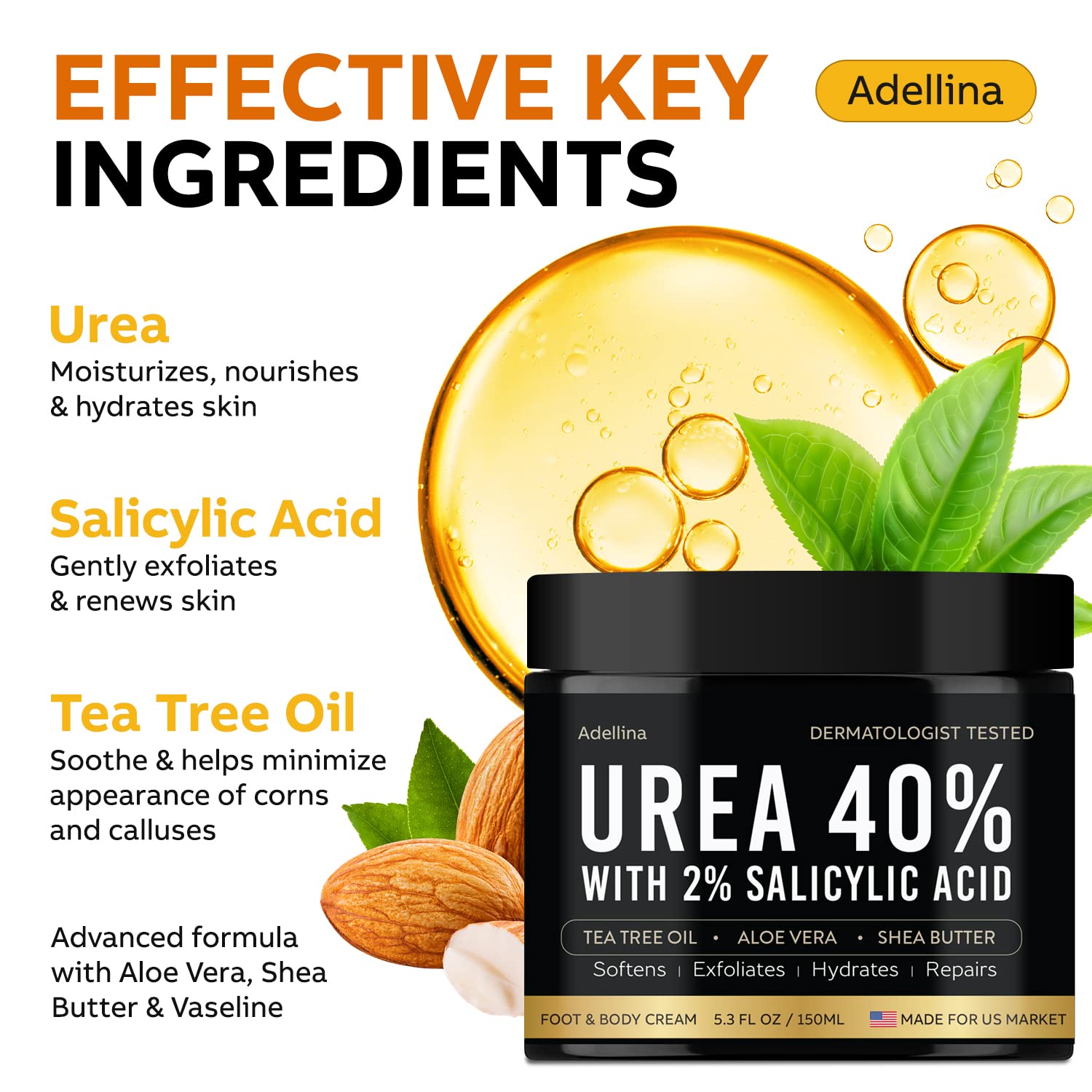 Application shot of Adellina Urea Cream 40% suggests quick-absorbing moisture for hands and elbows.