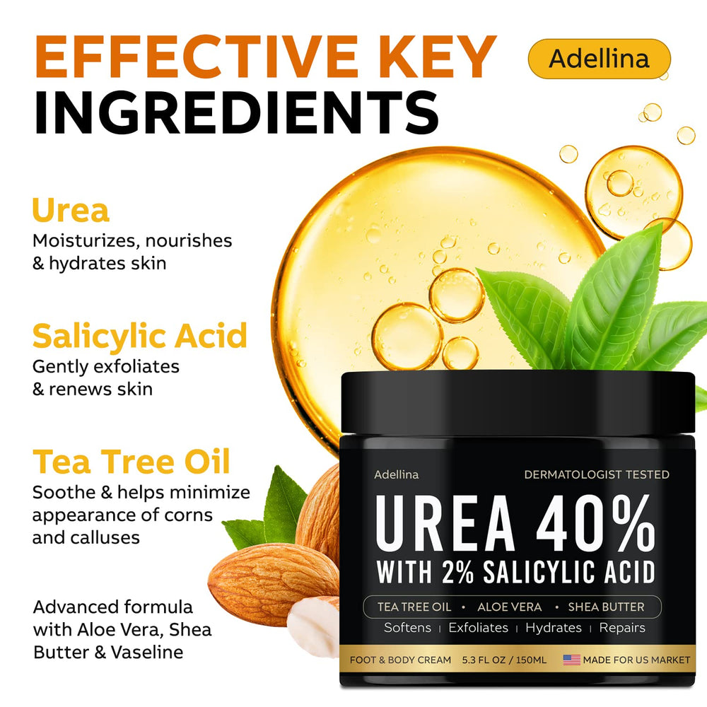 Application shot of Adellina Urea Cream 40% suggests quick-absorbing moisture for hands and elbows.