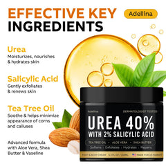 Application shot of Adellina Urea Cream 40% suggests quick-absorbing moisture for hands and elbows.