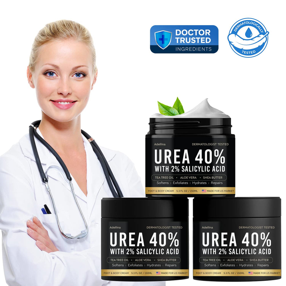 Adellina Urea Cream 40% packaging display emphasizes cruelty-free status and dermatological testing.